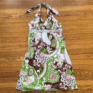 Skirtin Around Brown Green Pink Floral Halter Dress